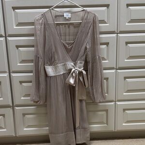 ECI Taupe Sheer Midi Dress with Satin Accents